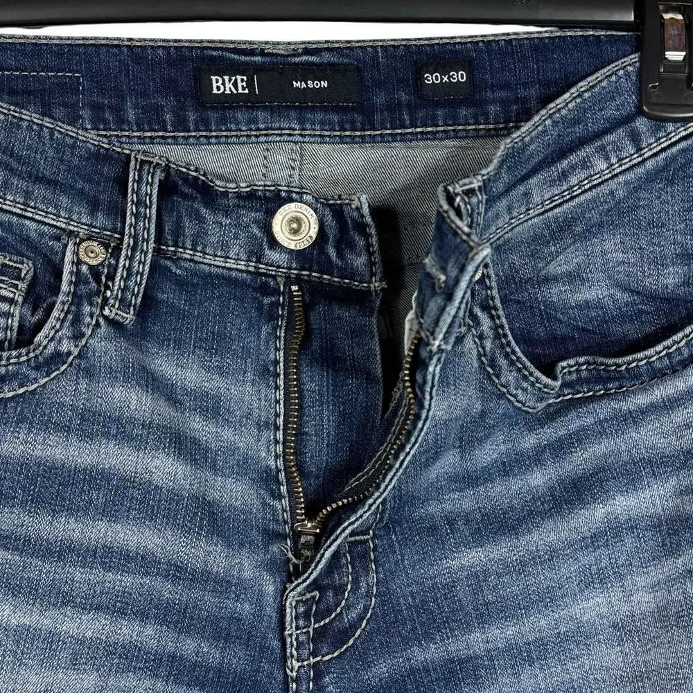 BKE SZ 30x30 Mens Mason Jeans Stretch Zip-Fly Pocket Whiskered Straight Leg Blue